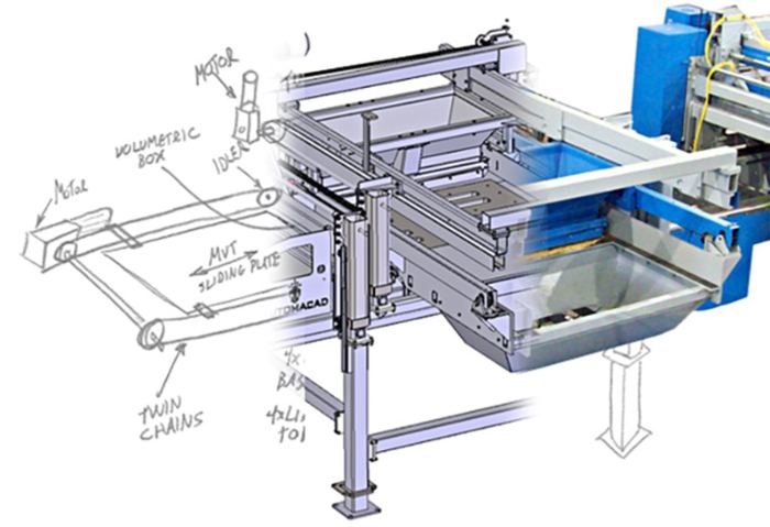 Boceto de ingeniería de un sistema de dosificación diseñado por MZ